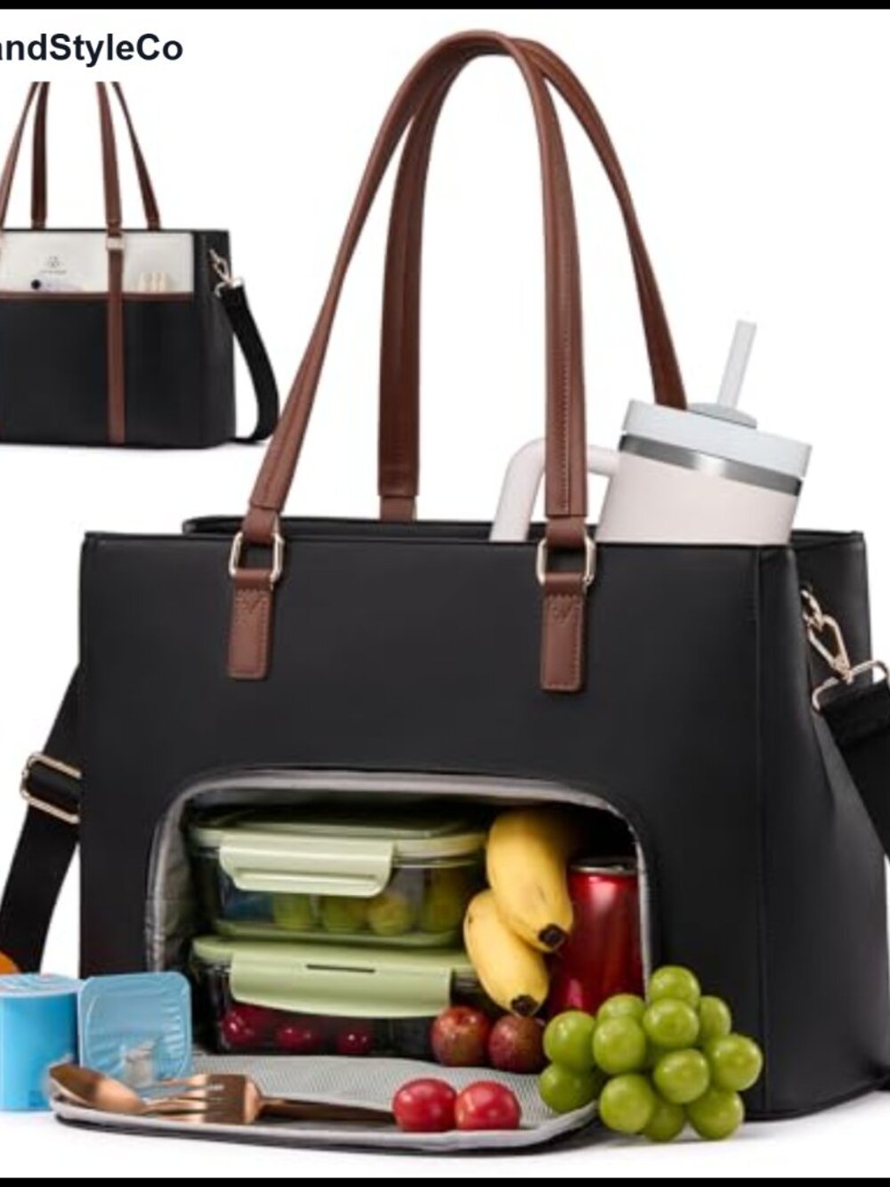 Insulated Lunch Tote Bag Faux Leather 15.6 in Laptop Compartment Waterproof